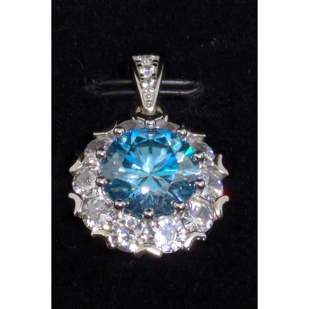 Womens New Halo 5Ct Cyan Blue Moissanite Pendant  in 925 Sterling Silver